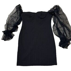 Shein Mini Cocktail Party‎ Dress Small Black Sheer Long Puff Sleeve Chic Bodycon